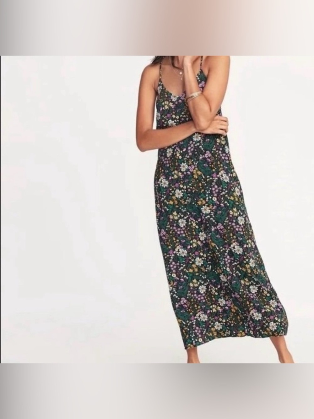 Old Navy Black Floral V-Neck Maxi Slip Dress Adjustable Cross Back Size S - Picture 10 of 10